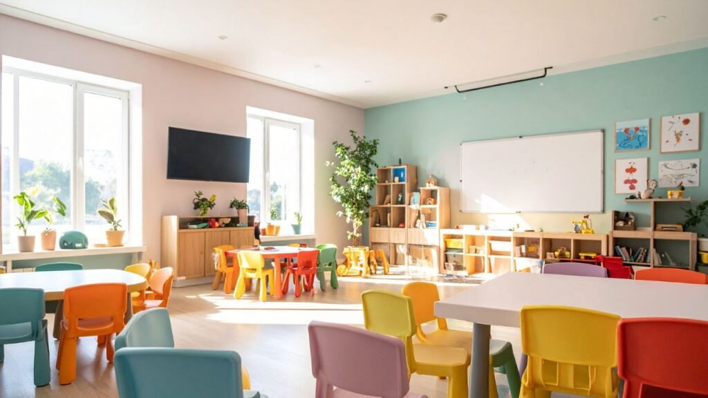 A bright and colorful preschool classroom filled with children engaged in various play-based activities