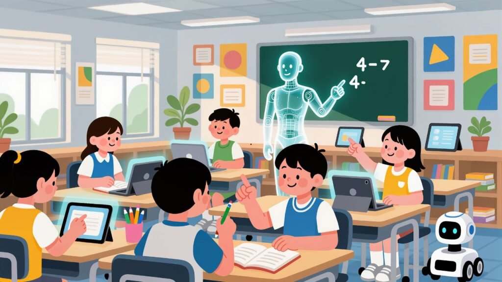 A cheerful preschool classroom filled with children engaged in various activities such as painting, building blocks, and reading books