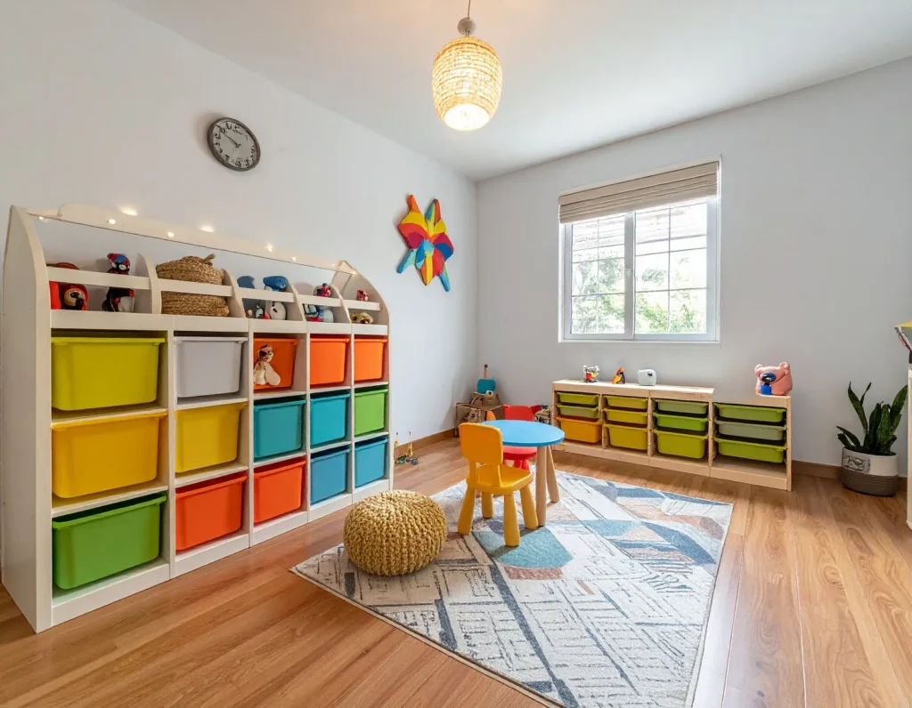 A cozy daycare center with children playing happily, showcasing safety features like secure gates and friendly caregivers interacting with kids
