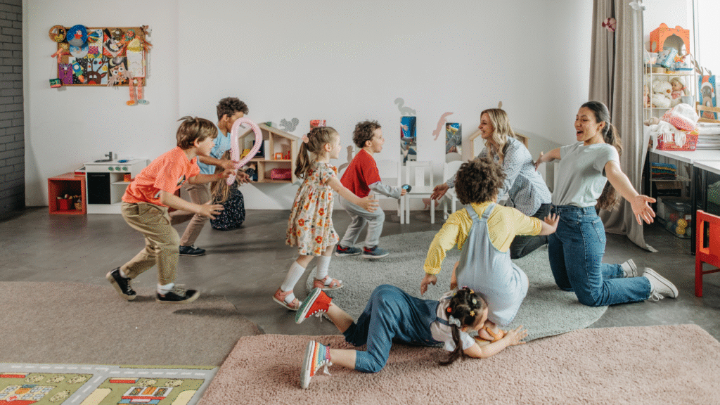 A happy child playing in a safe, colorful daycare environment with attentive caregivers