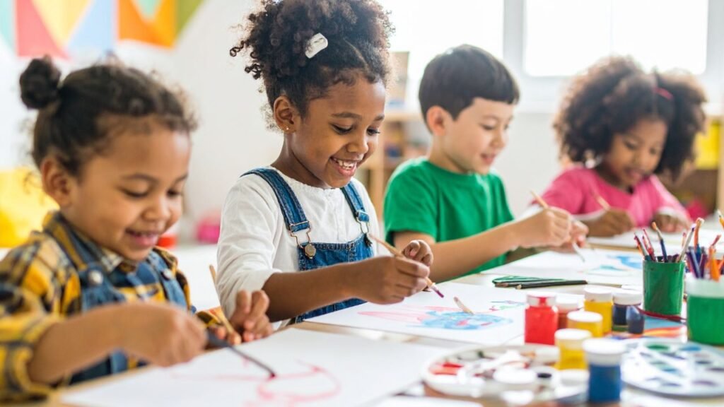 A vibrant classroom scene showcasing various preschool programs: Montessori activities, bilingual storytelling sessions, outdoor nature exploration, and playful interactions among children.