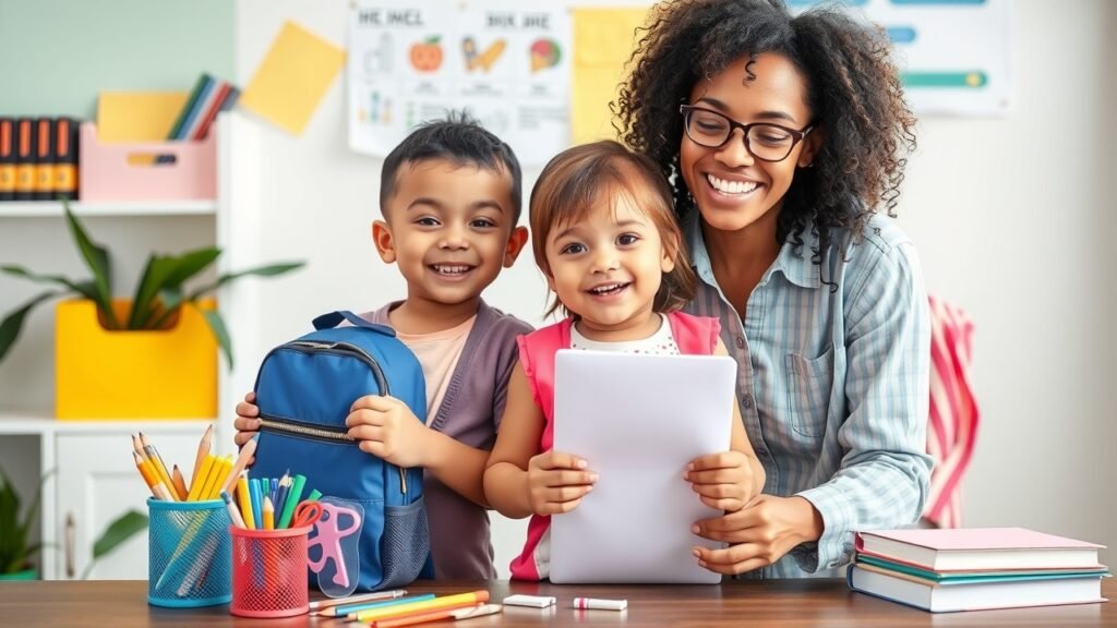 A cheerful parent preparing their child's backpack for daycare with colorful supplies around them