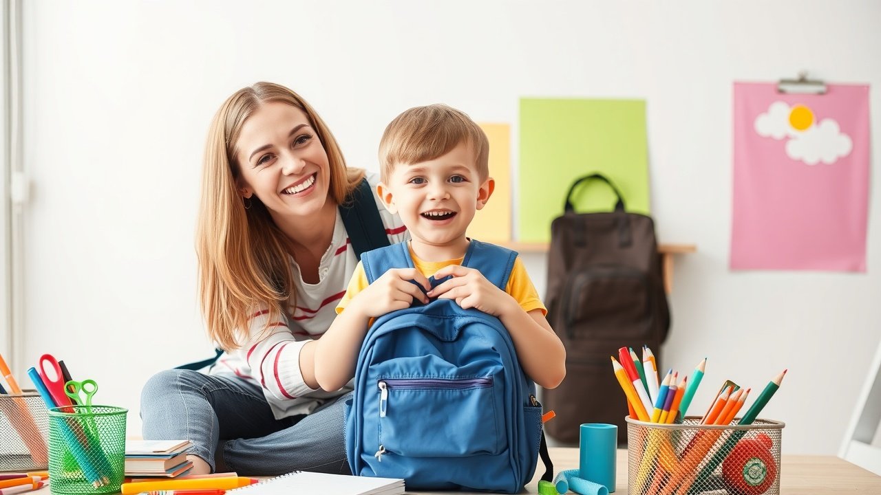 A cheerful parent preparing their childs backpack for daycare with colorful supplies around them