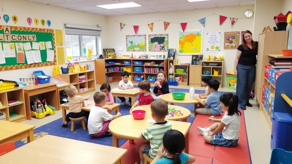 A cheerful preschool classroom filled with children engaged in play-based learning activities, colorful decorations on the walls, toys scattered around, and a teacher interacting with kids.